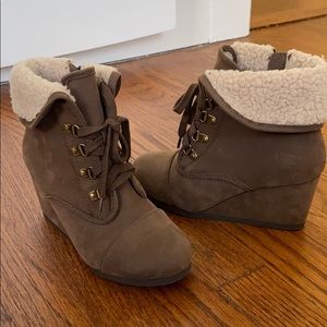 Faux Fur Brown Suede Wedge Booties - Size 6.6